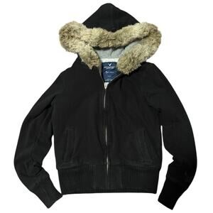 Y2K American Eagle Sz XS Faux Fur Hooded Black Zip Up Jacket VTG Fleece Lined